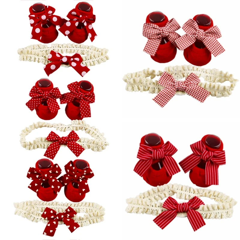 아기 양말 및 머리띠 세트, 사랑스러운 빨간 나비 매듭 장식, 미끄럼 방지 코튼 발목 양말, 탄성 머리띠 세트, 2 개/세트 