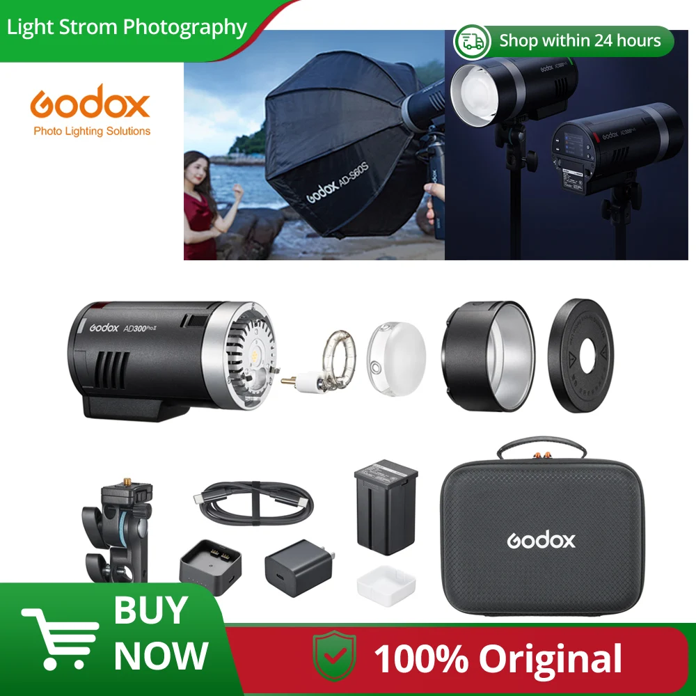 Godox AD300Pro II 야외용 플래시 300Ws TTL 2.4G 무선 1/8000 HSS 배터리 전원 공급 (캐논, 니콘, , 후지, 올림푸스용)