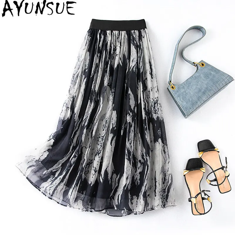 

Юбка женская из шелка тутового шелкопряда, с принтом, средней длины