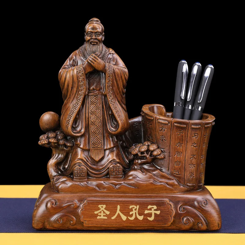 Confucius Image Penholder Resin Sculpture Chinese Home Decor Statue Asia Ornament Office pen container Figurines Craft Gift