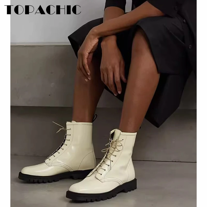 

10.21 TOPACHIC Women's Lace-Up Martin Boots Genuine Leather British Style Casual Ankle Boots