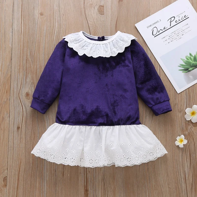 

Toddler Dresses Spring Fall Dress for Girls Patchwork Lace Turn-down Collar Long Sleeve Girls Dress Fashion Baby Clothes 0-3Y