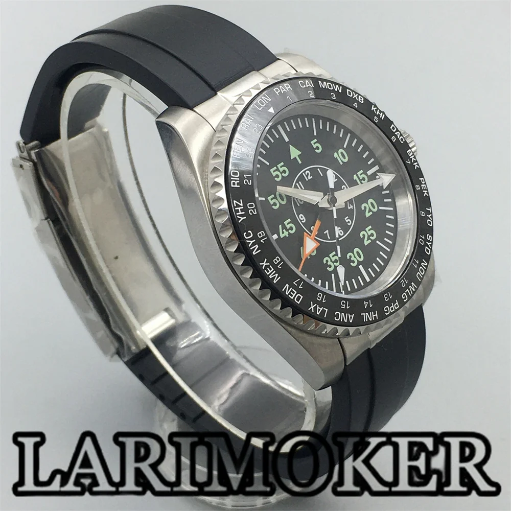 LARIMOKER 40.5mm Men&lsquo;s fashion watch NH34(GMT) Movement with ceramic bezel sapphire C3 Green luminous Black Dial watch