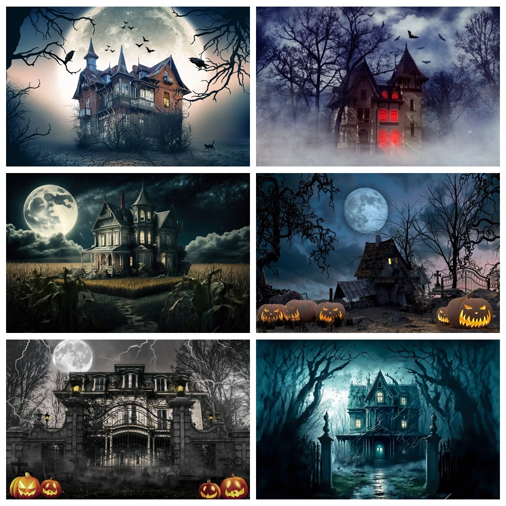 Sfondo Fotografico Di Halloween In Vinile 178x102 Cm: Luna Piena, Casa Stregata E Zucche Per Feste A Tema Horror E Decorazioni