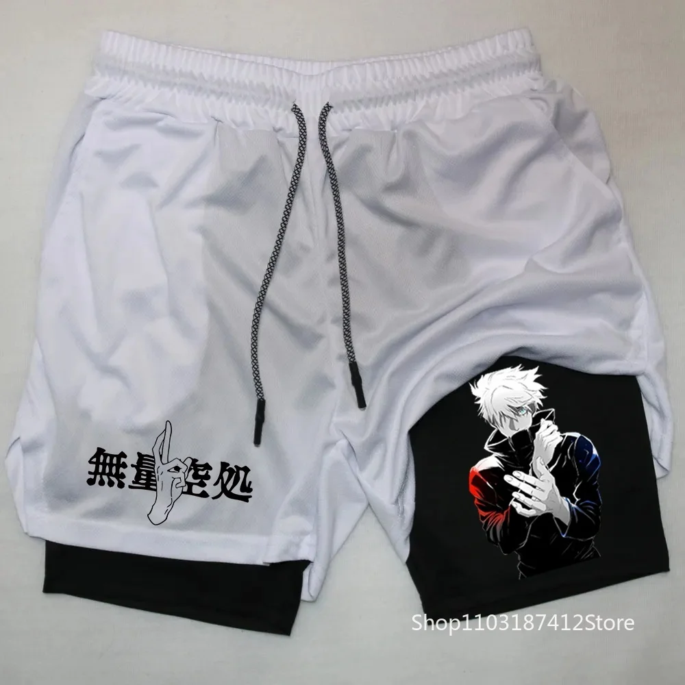 Men Anime Double Layer Shorts Gym Workout Printed Sports Multi-Performance Training Quick-Drying Jogging Pants Towel Pants M-3XL 2
