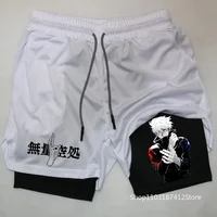 Men Anime Double Layer Shorts Gym Workout Printed Sports Multi-Performance Training Quick-Drying Jogging Pants Towel Pants M-3XL 2
