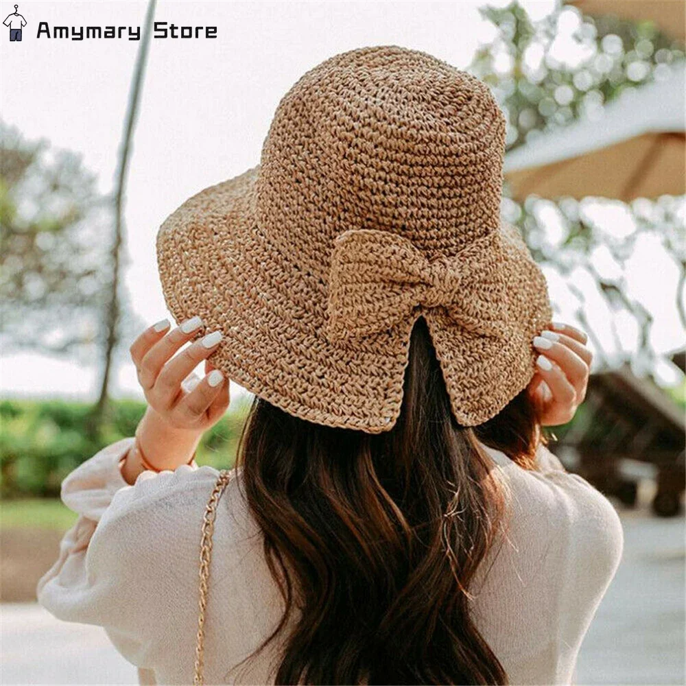 

2024 New Spring Summer Woven Straw Hat Women's Versatile Beach Big Edge Bow Sun Shield Hat Boho Style Panama Sun Shield Hats