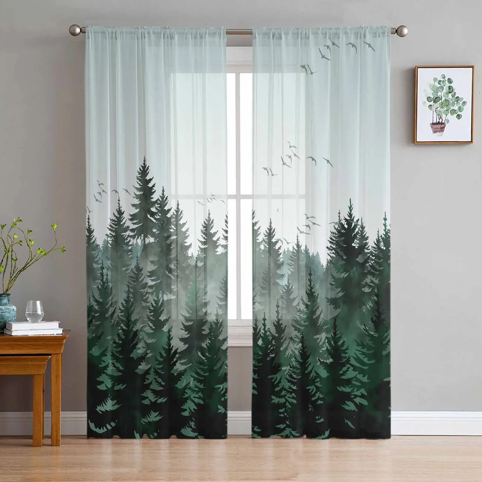 

Watercolor Forest Bird Dark Green Sheer Curtains for Living Room Modern Home Decor Tulle Curtain Bedroom Voile Drapes