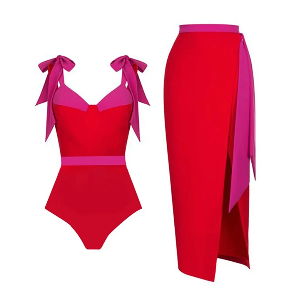 

New Retro Bowknot Sling Adjustable Colorblock One-Piece Swimsuit Set 2023 Summer Women Bathing Suits Beachwear