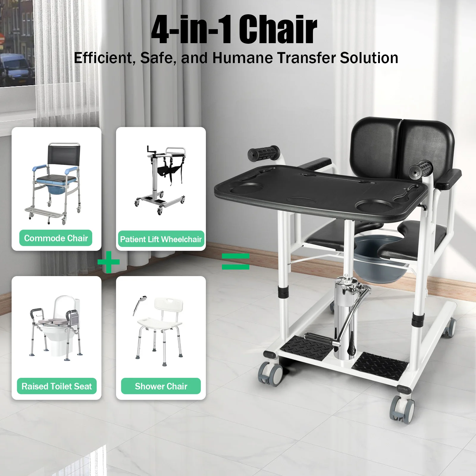 Hydraulic Patient Lift Transfer Chair, 330.7Lbs Nursing Wheelchair for Car, Aid Elderly 180° Split Seat Bathroom Bedside Commode 2