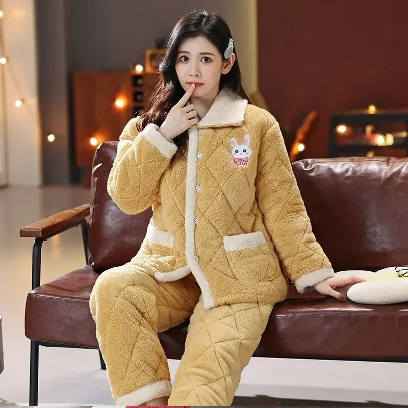 2024 New Pajama Women Winter Three-layer Thick Flannel Loungewear Cute Large Size Warm Middle-aged Cotton Warm Household Clothes