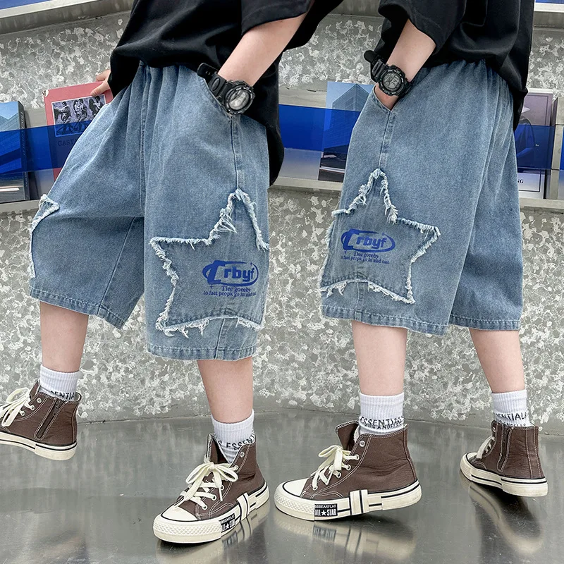 Fashion Denim Shorts For Boys Teenager Kids Elastic Waist Cargo Jean Short Pants With Pocket For Children's Age 5-14 Years Old
