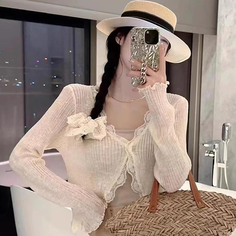 Summer Korean Women's Solid Color Lace V-neck Long Sleeve Knitted