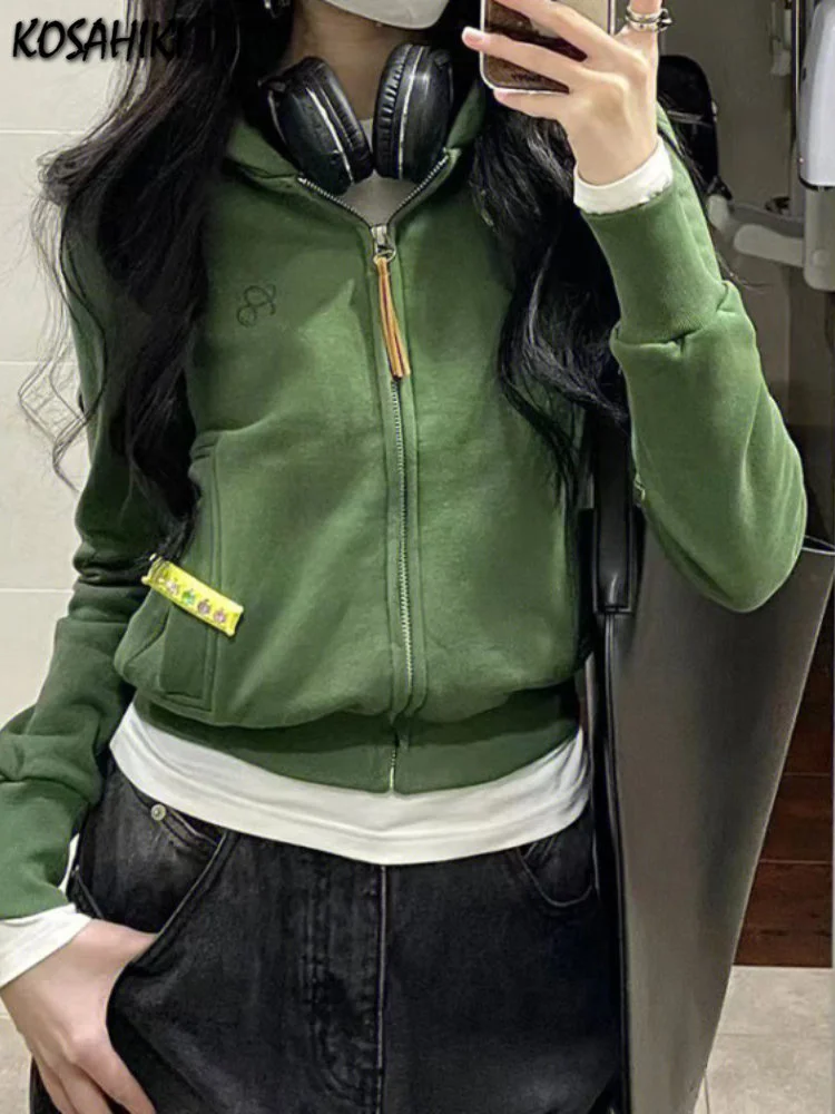 

Vintage Slim Solid Zipper Jacket Korean Sexy Grunge Kawaii Cropped Hoodies Women Y2k Aesthetic Grunge Fashion Pocket Sweatshirt