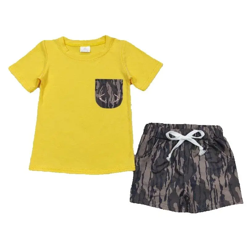 

New arrivals RTS kids clothing deer print pocket camo outfits children summer shorts suits baby boy boutique clothes