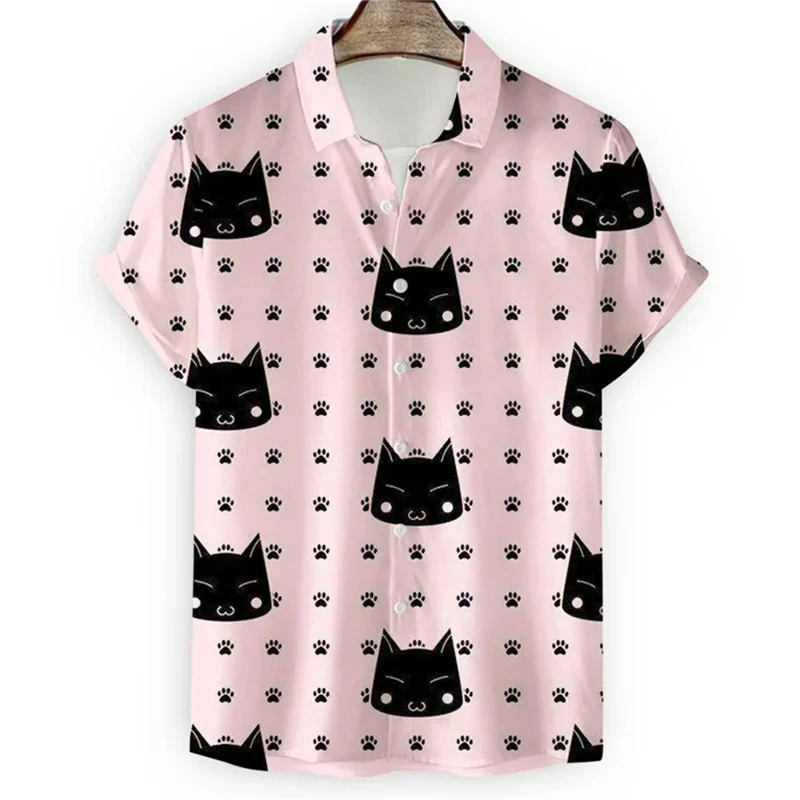 thumbnail image 1 of Camisa con estampado de gato de dibujos animados en 3D para hombre, cómoda, de verano, de manga corta, informal, holgada, de secado rápido, hawaiana, 1 of 5