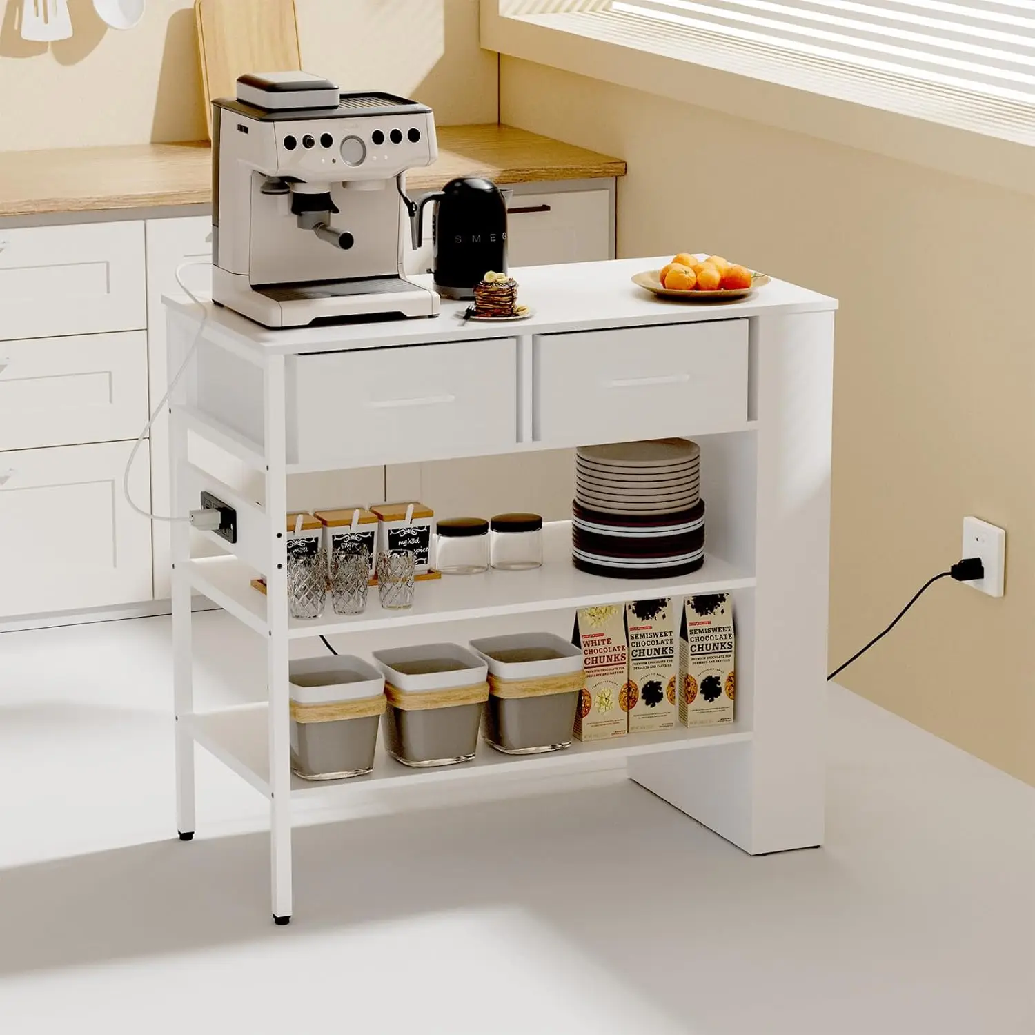Modern Kitchen Island Bar Table with Open Storage Shelves, Power Outlet, Spice Rack (White)