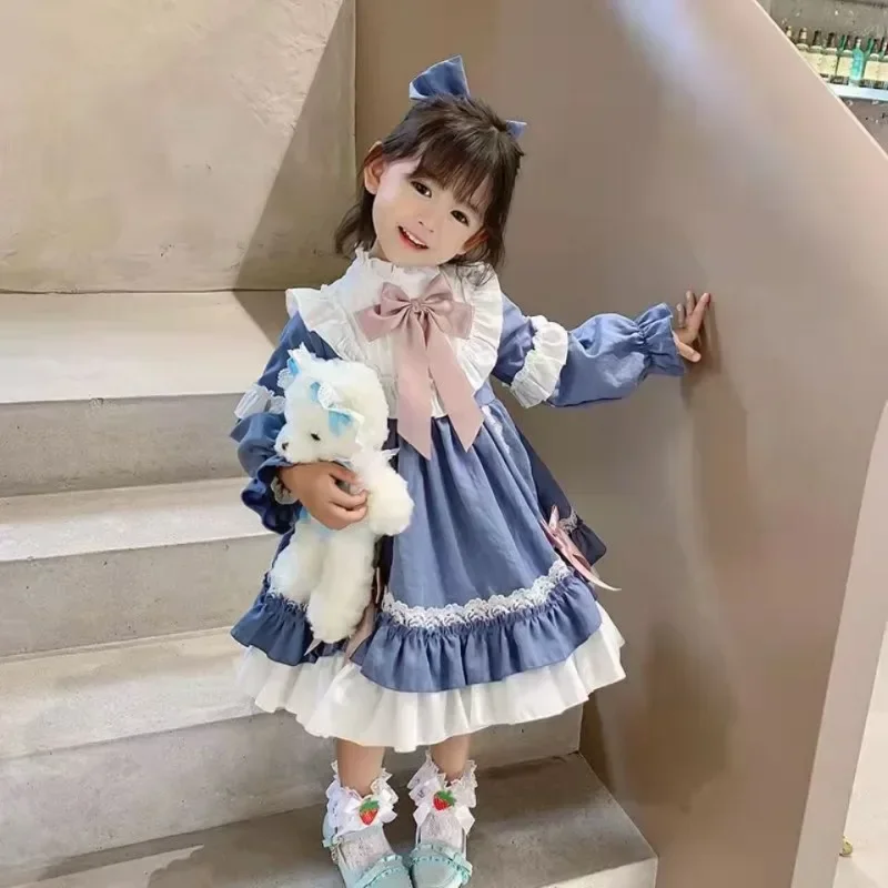 Winter cute children's birthday princess dress for girls sweet blue bow ruffle children's long sleeve lolita dress 2-7 years old