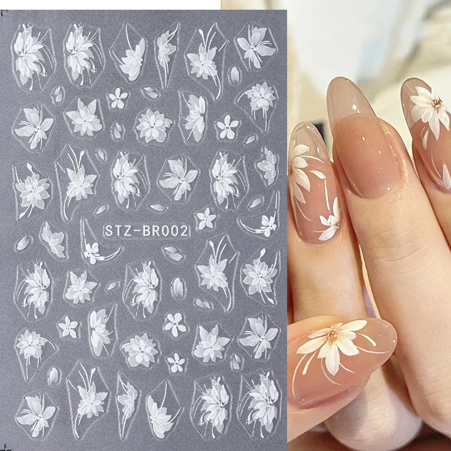 3D White Flower Nail Art Stickers Cute Floral Adhesive Sliders Acrylic Decoration Decals DIY Nail Charms Adhesive Accessories 2