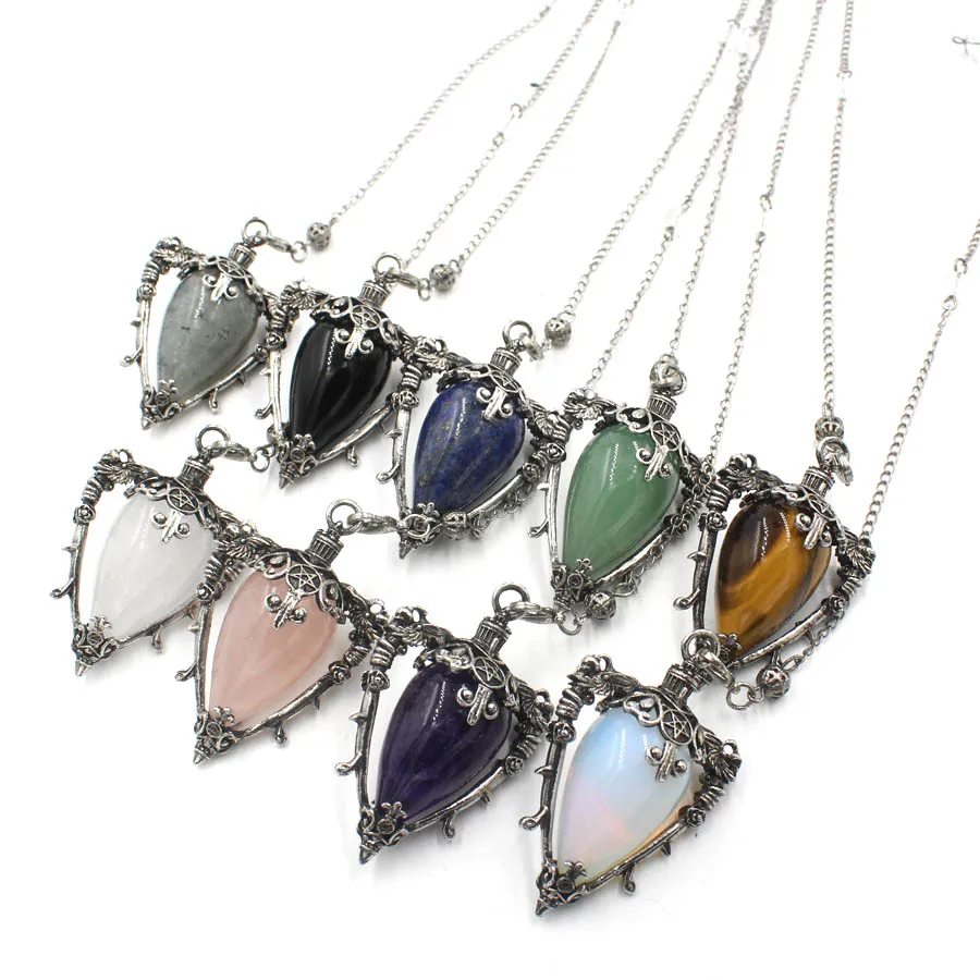 

Magic Lamp Pendants Reiki Pendulum Chain Natural Stone Silver Plated Charms Mascot Amulet Fashion Jewelry For Women 10Pcs