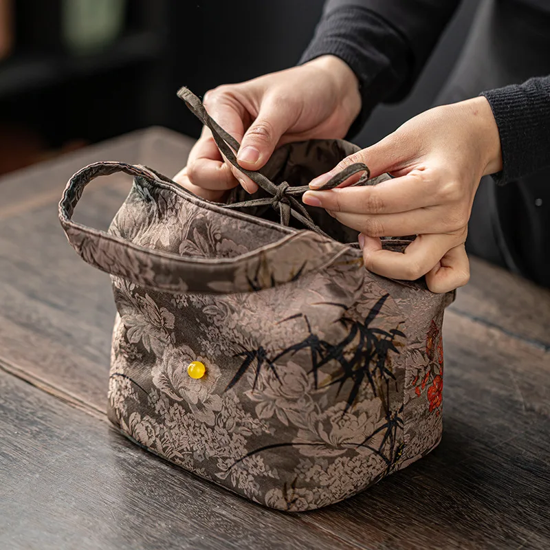 Chinese-Style Interwoven Silk Tea Bag Portable Travel Tea Set Storage Bag Brocade Teacup Teapot Cloth