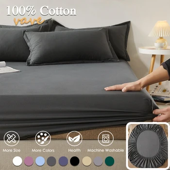 100% Cotton Fitted Bed Sheet with Elastic Band Solid Color Anti-slip Adjustable Mattress Cover for Single Double King Queen Bed 1