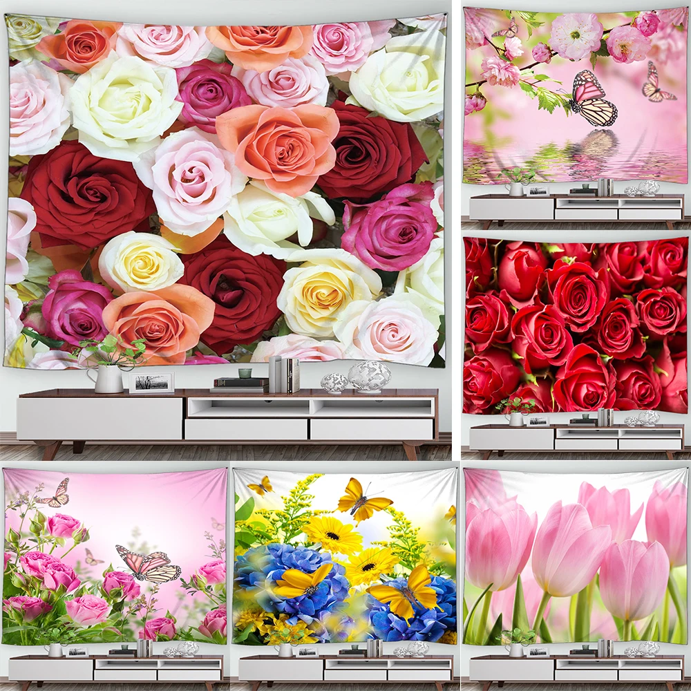 

Гобелен с рисунком бабочек, цветов, розовых роз, настенный Декор для дома, гостиной, спальни, фоновая ткань