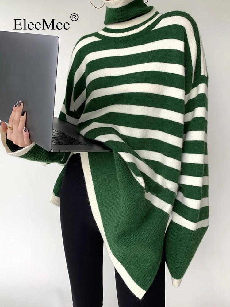 

EleeMee 2023 New Knitted Sweater For Women Striped Turtleneck Knitwear Ins Fashion Female Pullover Casual Women Top Free Size
