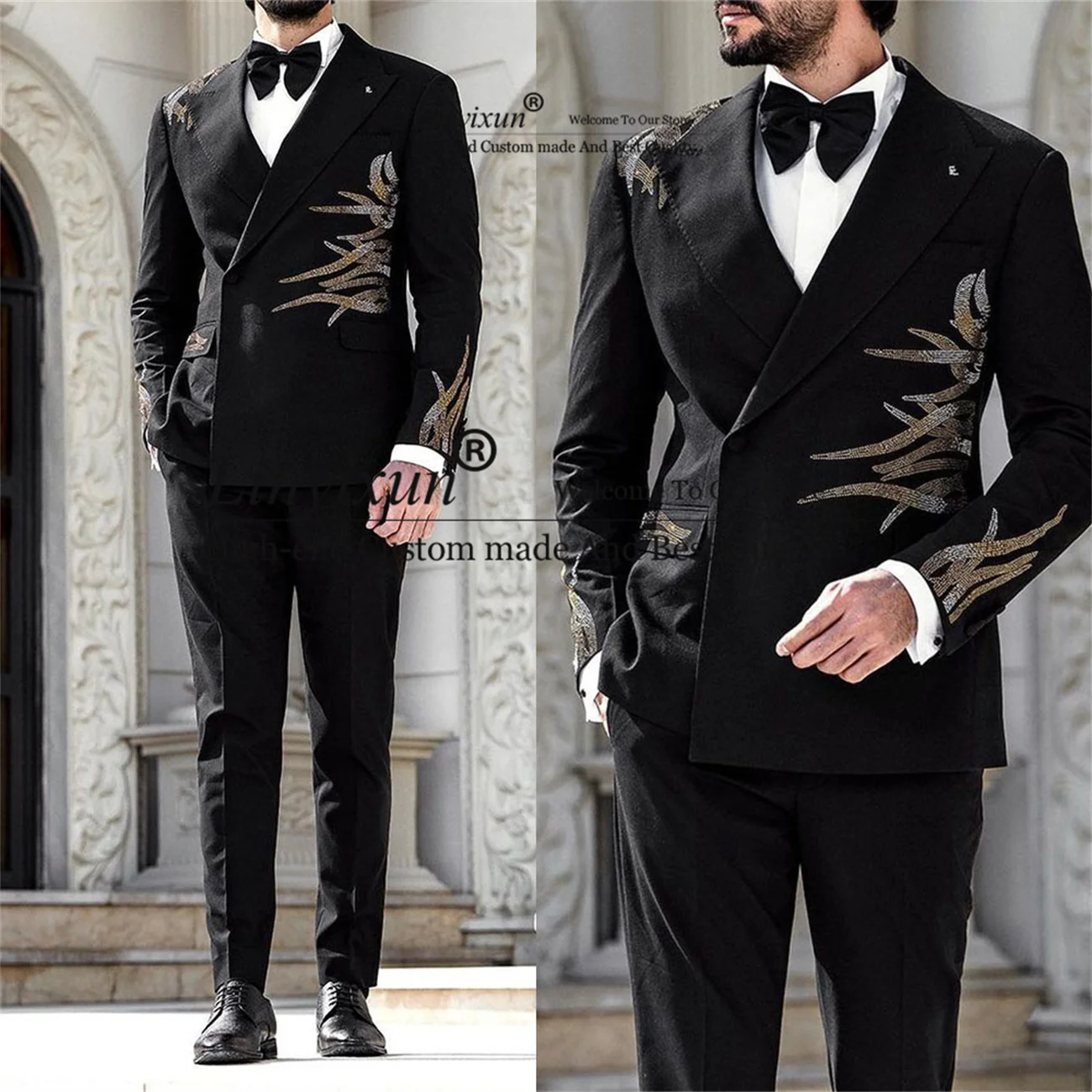 

Fashion Black Men Suits With Shiny Sequins Appliques Groom Tuxedos 2 Piece Sets Prom Blazers Slim Fit Costume Homme Jacket+Pants