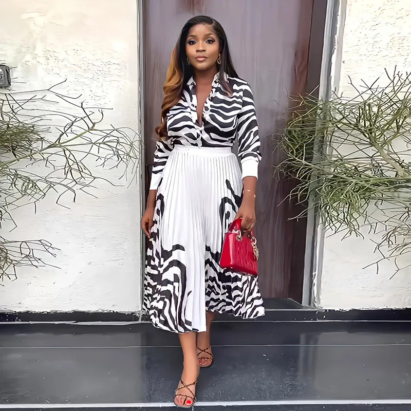 

African Dresses for Woman Two Piece Set Top Pleated Skirt Suit Dashiki Elegant Office Lady Dress Traditional Ankara Outfits Robe