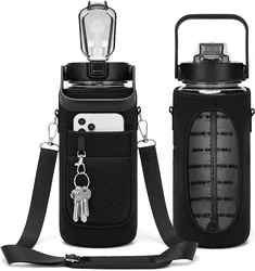 Large Leak-Proof BPA-Free Water Bottle with Sleeve and Motivational Time Markers - 2.0L (Black)
