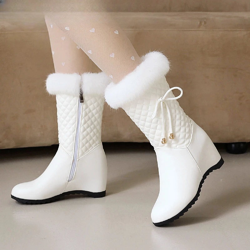 

Winter white Real hair Women's Snow Boots Fashion Warm Plush Boots Ladies Round Toe zip Slope heel snow boots size 33-43