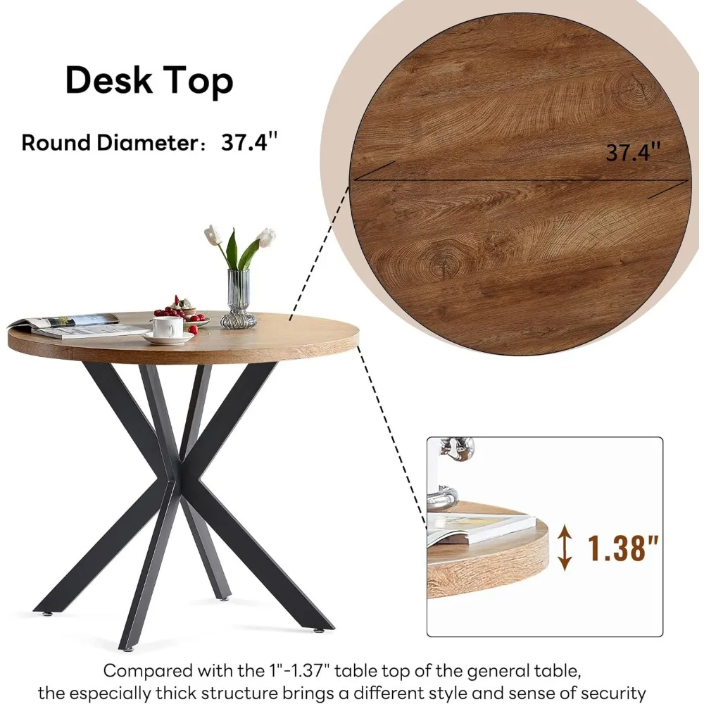 3 Pieces Dining Table Set for 2, Home Kitchen Round Dining Table with Thick Tabletop and 2 Upholstered Arm Chairs 5