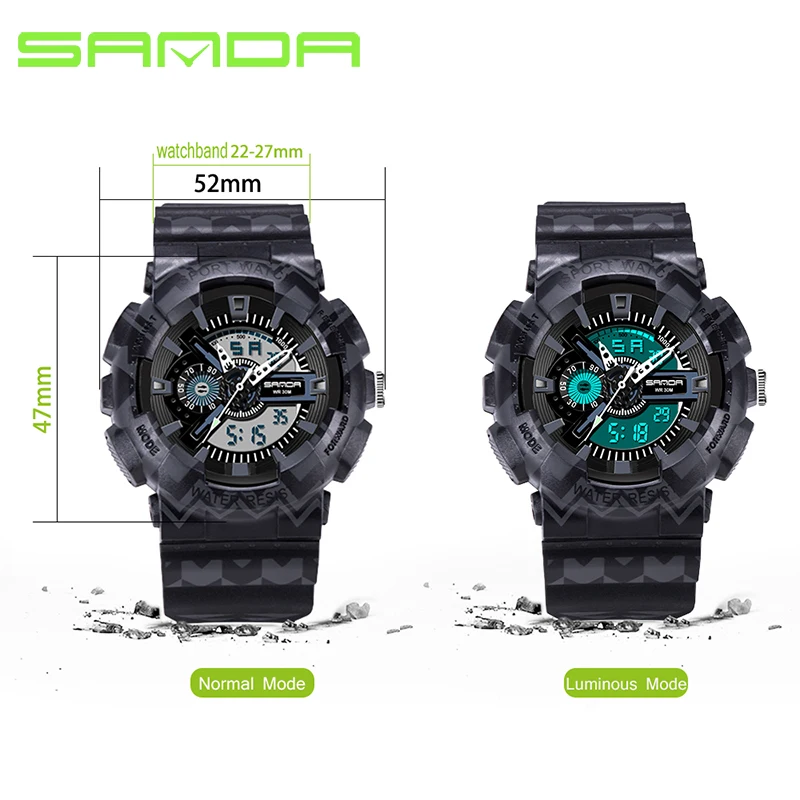 SANDA Multifunctional Dual Display Mens Watches Top Brand Luxury Sports Chronograph Watch Luminous Waterproof Watch Alarm Clock