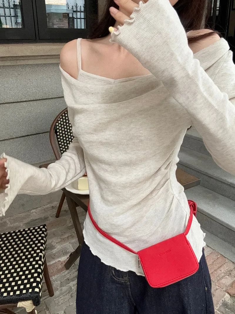 Fake Two-piece Off Shoulder Long Sleeve T-shirt Women's Sexy Slash Neck Flare Sleeve Base Shirt Top Autumn Casual Slim Fit Tops