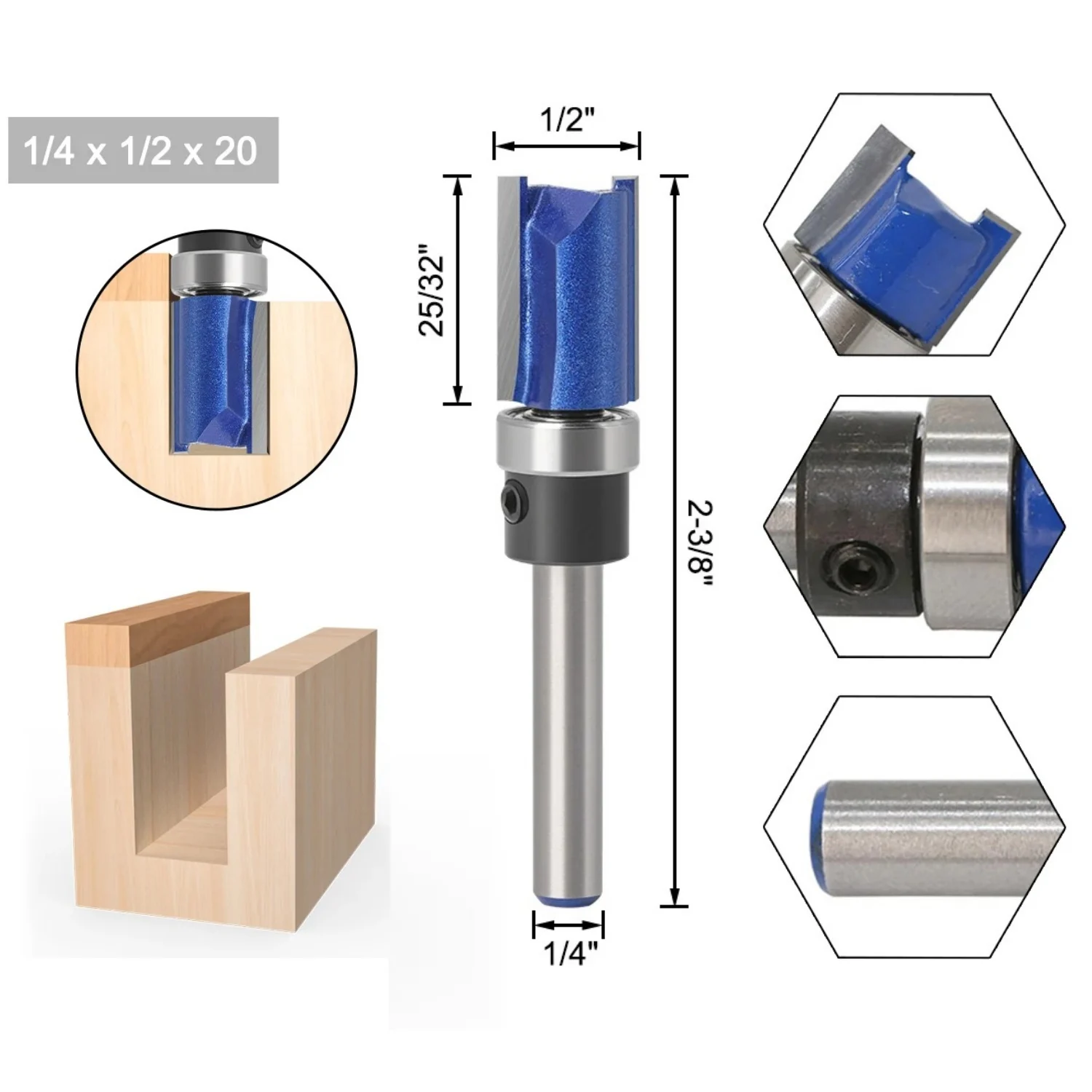 6,35 mm Schaft Fräser mit gerader Nut, Oberlager, Holzbearbeitung, Blau, Schablonenfräser, Bündigfräser, Schablonen-Schaftfräser