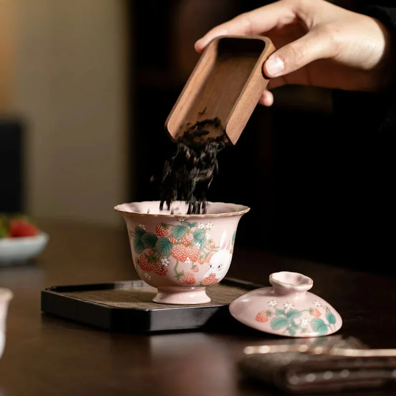 100ml Pink Ru Kiln Cover Bowl Strawberry Rabbit Tea Cup Home Zen Tea Set Gift gaiwan porcelain