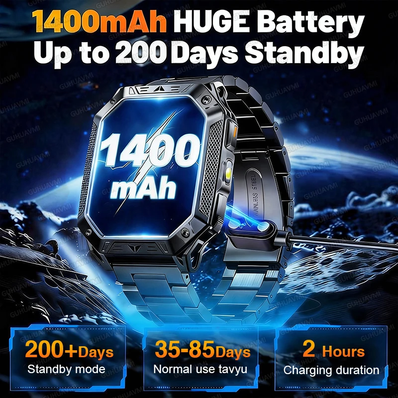 2026 New Built-in 1400mAh Super Large Battery Men Smart Watch Outdoor GPS 2.01"AMOLED Screen 10ATM Waterproof BT Call Smartwatch 2