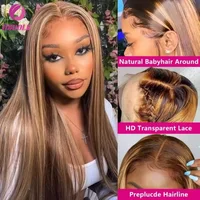 Perruque Lace Front Wig naturelle lisse, cheveux humains, blond miel ombré 4/27, reflets 5x5 13x4, pre-plucked, avec Baby Hair 2