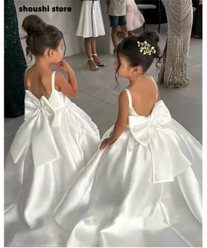 White Flower Girl Dress With Bow Strap Mini Bridal Wedding Dress Kids Ball Gown 1st Communion Frock Vestidos Customized 1