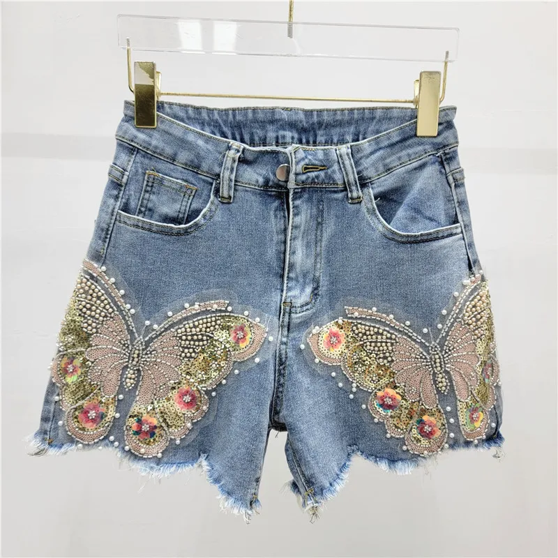 High Waist Stretchy Burr Denim Hot Pants Female 2024 Summer New Heavy Industry Beads Embroidered Blue Shorts Women Clothing