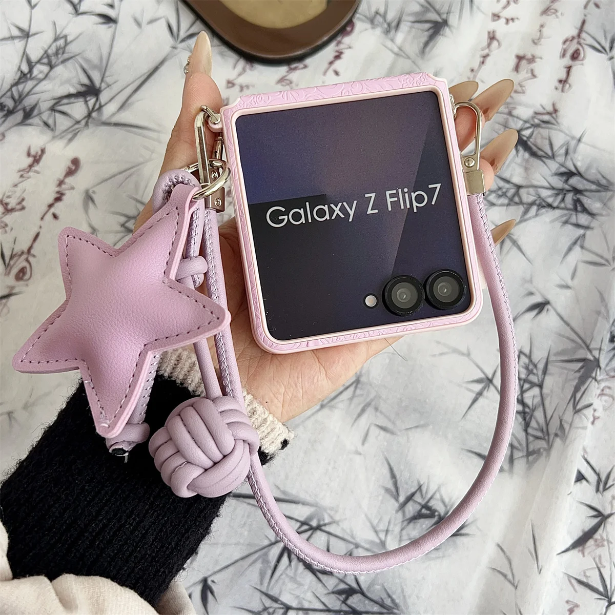 Retro Flower Pattern Rope Wrist Strap Leather Phone Case with Hinge Protection