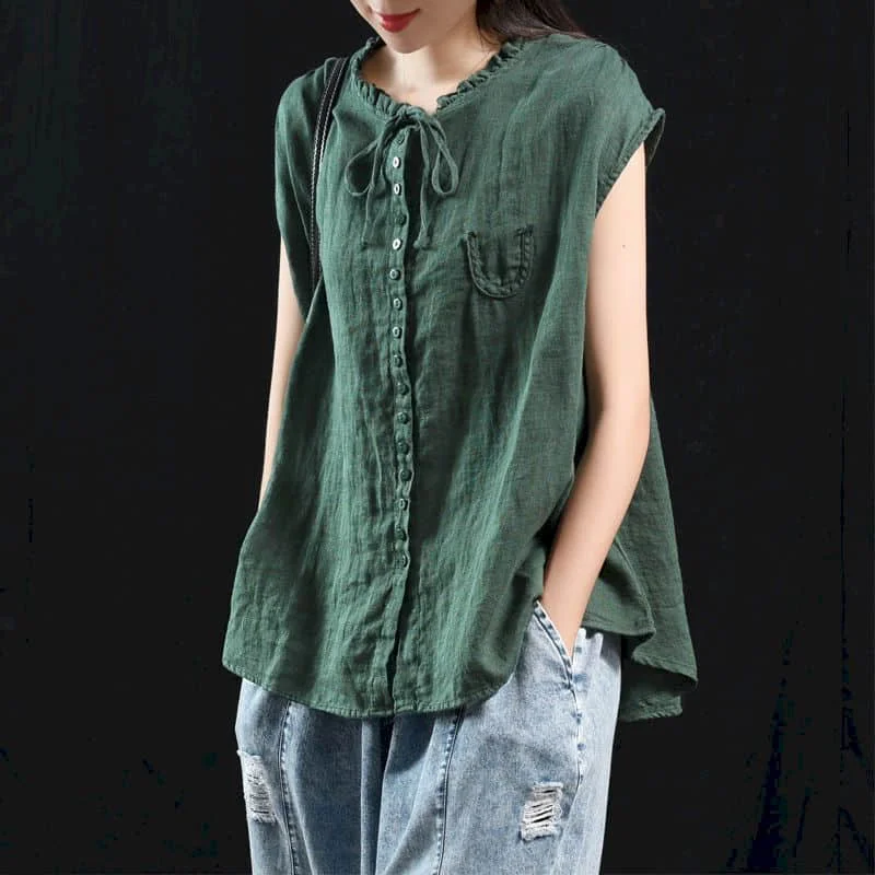 

Shirts for Women 95% Cotton Linen New Vintage Ear Collar Lace-up Tanks Sleeveless Loose Casual Korean Fashion Blouse Women Tops