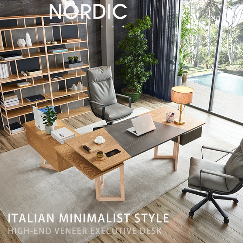 

Japanese-style MUJI log wind solid wood boss table wabi-sabi wind veneer desk minimalist executive desk president manager table