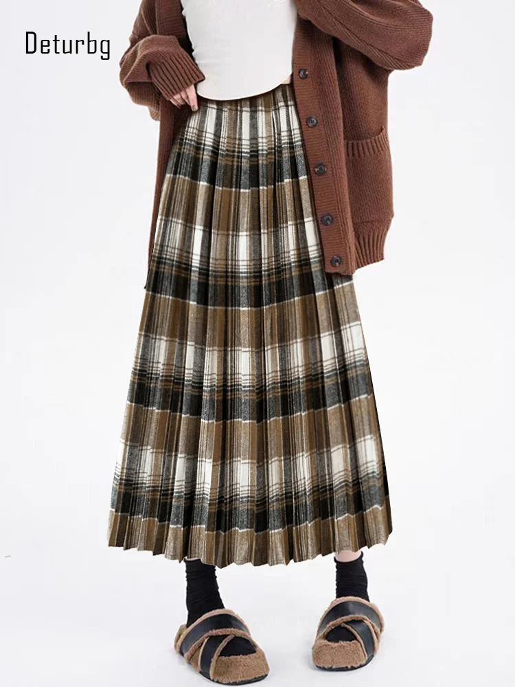 

Women's Vintage Woolen Long Plaid Skirt Korean Fashion High Waist Warm Zipper Checkered Pleated Swing Skirts 2023 Winter K408