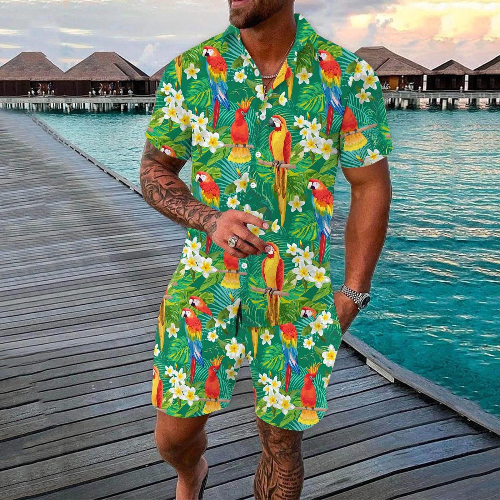 Parrot Animal Print Button Shirt Hawaii Shirts Shorts Two Piece Set Men's Clothes Matching Set Vacation Club Party Beachwear