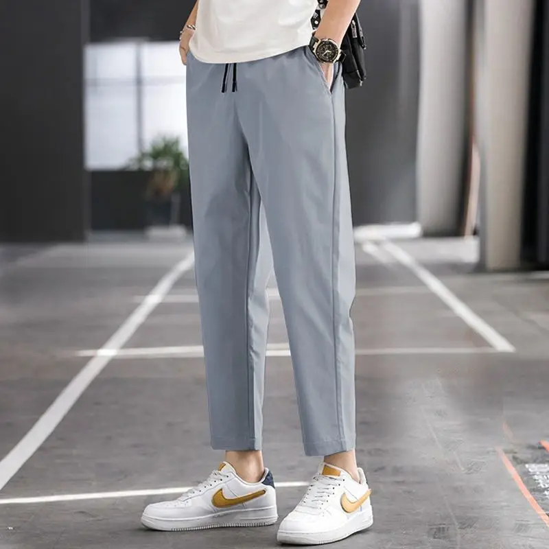 Summer Korean Men Casual Straight Cropped Pants Streetwear Fashion Elastic Waist Drawstring Basic Solid New Thin Slim Trousers
