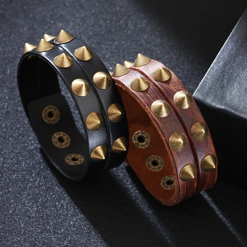 VintageLeatherBraceletsforMenSteelPunkSpikeGenuineLeather