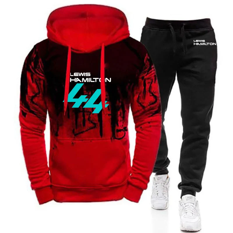 New F1 drivers in autumn and winter lewis hamilton number 44 logo printing gradient hoodie+sweatpants suit.