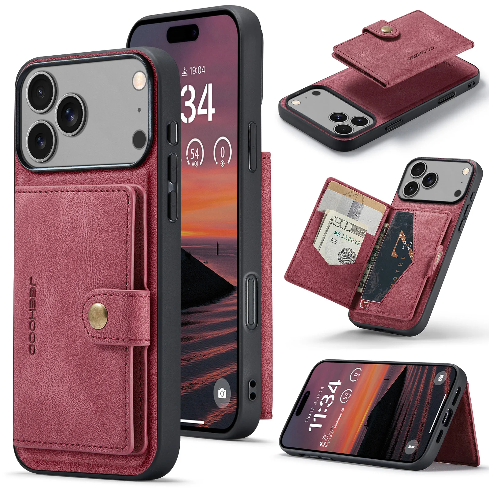 Magnetic Detachable Leather Wallet Case with Card Slot and Phone Holder